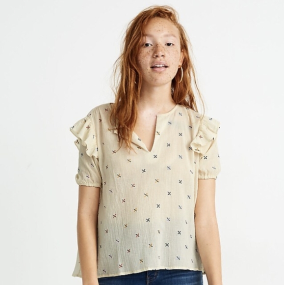 Madewell Cream Embroidered Short Sleeve Gazebo Top Sz Medium - Picture 2 of 10